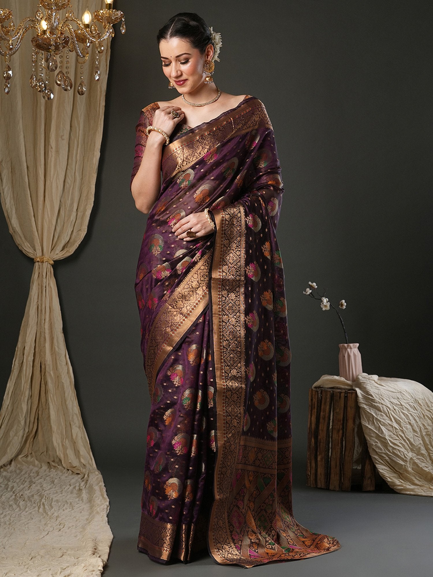 Purple Purple Banarasi Organza Woven Saree