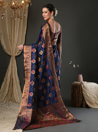 Navy Banarasi Organza Woven Saree