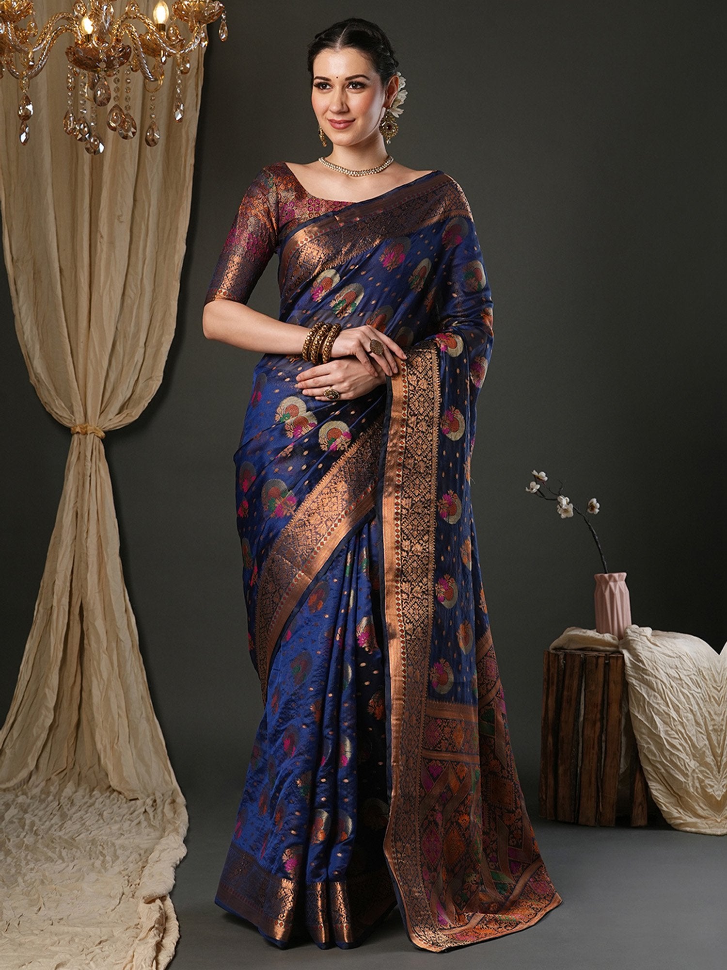 Blue Navy Banarasi Organza Woven Saree