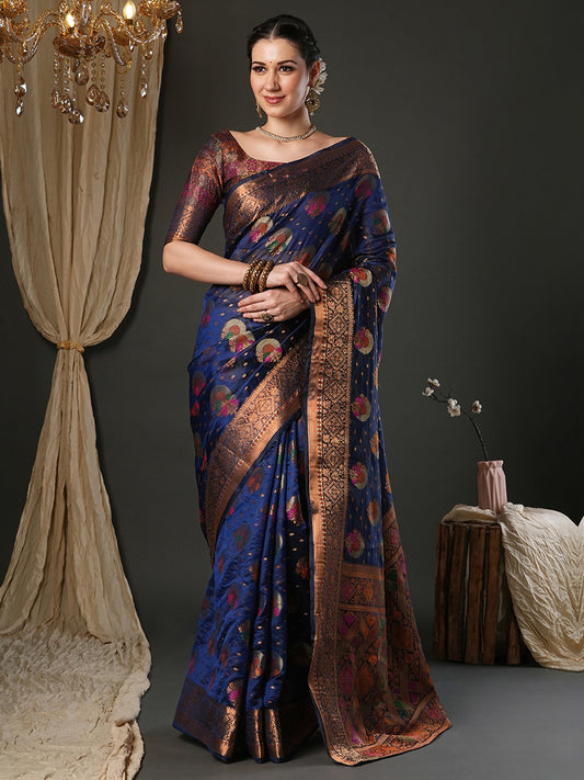 Blue Navy Banarasi Organza Woven Saree
