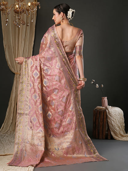 Pink Banarasi Organza Woven Saree