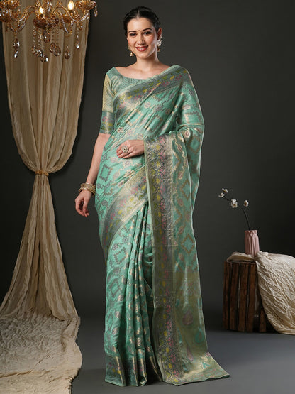 Blue Light Banarasi Organza Woven Saree