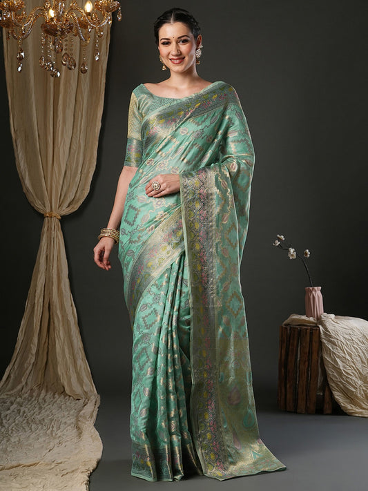Blue Light Banarasi Organza Woven Saree