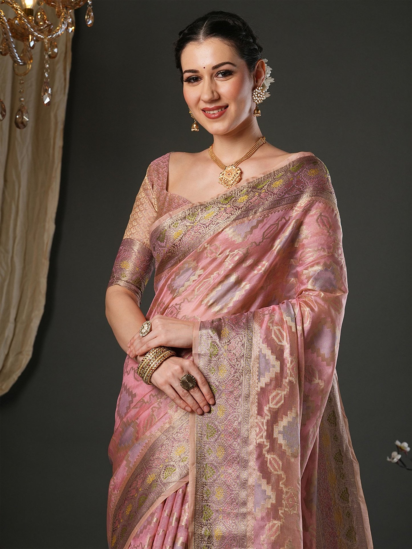 Pink Banarasi Organza Woven Saree