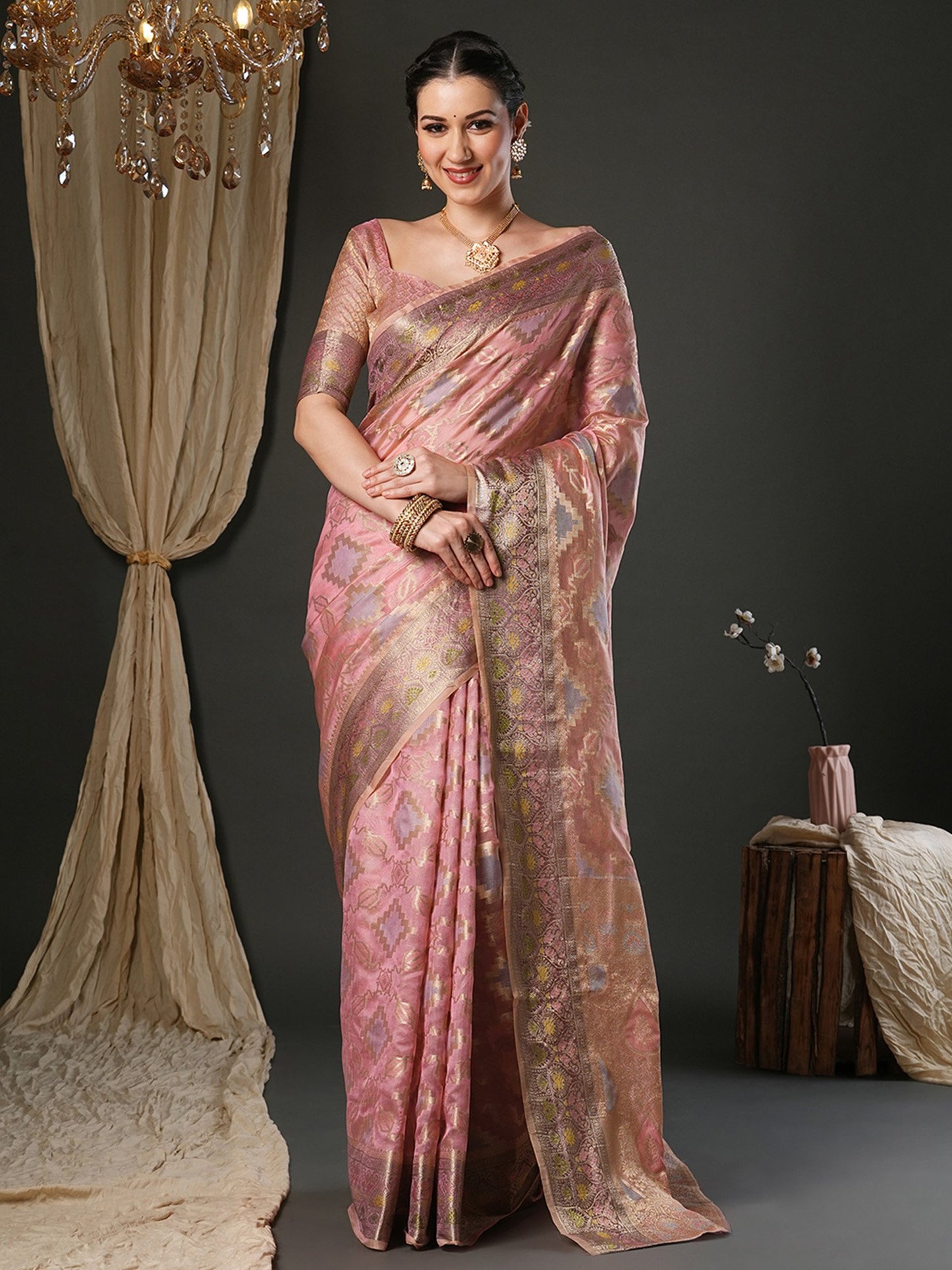Pink Pink Banarasi Organza Woven Saree
