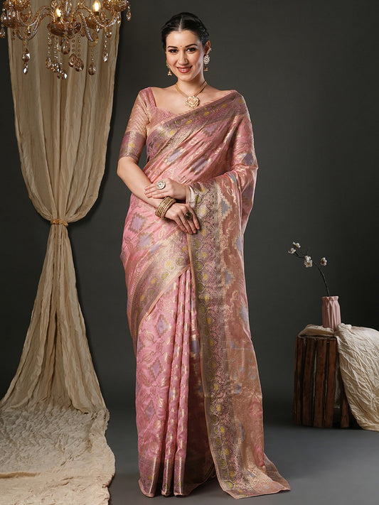 Pink Pink Banarasi Organza Woven Saree