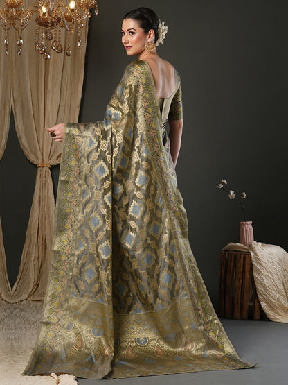 Grey Banarasi Organza Woven Saree