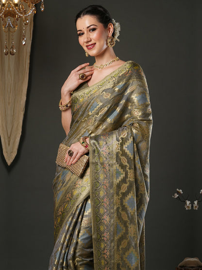 Grey Banarasi Organza Woven Saree