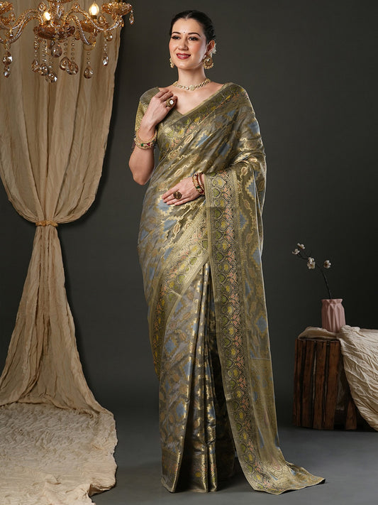 Grey Grey Banarasi Organza Woven Saree