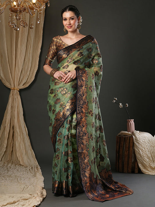 Green Light Banarasi Organza Woven Saree