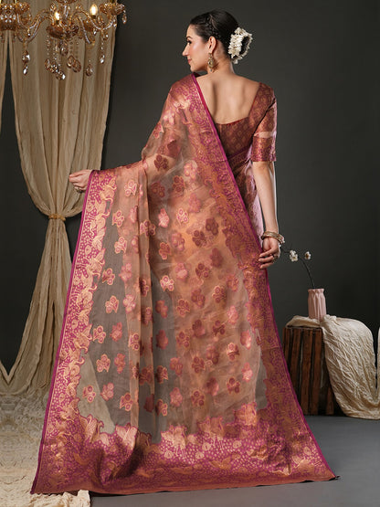 Pink Banarasi Organza Woven Saree
