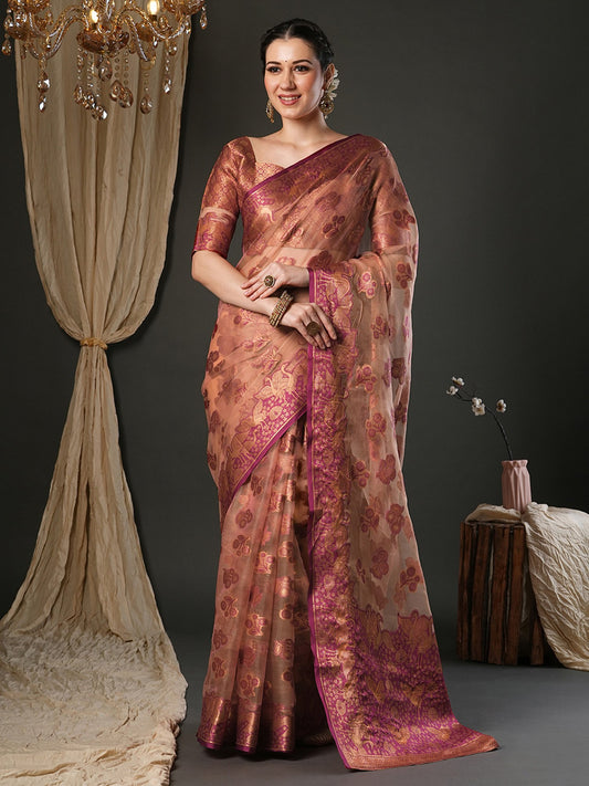 Pink Pink Banarasi Organza Woven Saree