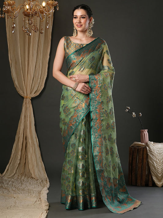 Green Light Banarasi Organza Woven Saree
