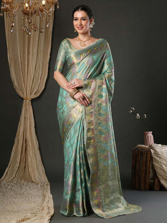 Blue Light Banarasi Organza Woven Saree