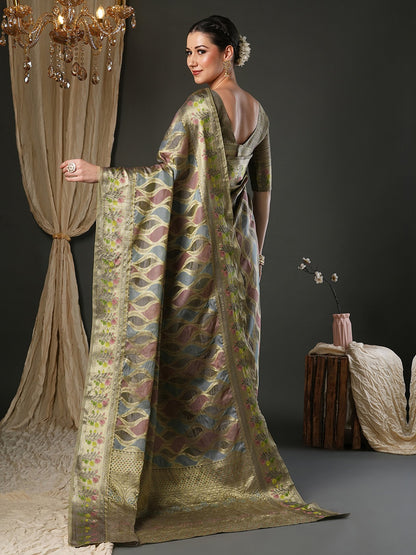 Grey Banarasi Organza Woven Saree