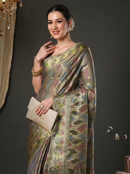 Grey Banarasi Organza Woven Saree