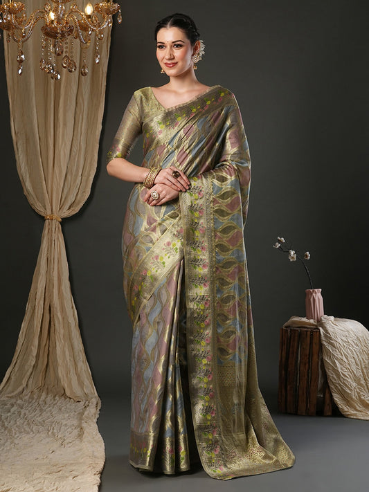 Grey Grey Banarasi Organza Woven Saree