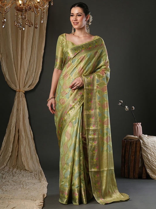 Green Light Banarasi Organza Woven Saree
