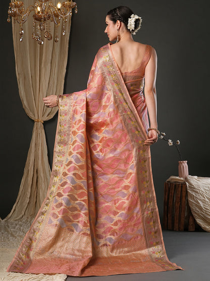 Pink Banarasi Organza Woven Saree