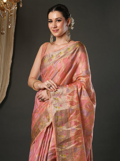 Pink Banarasi Organza Woven Saree