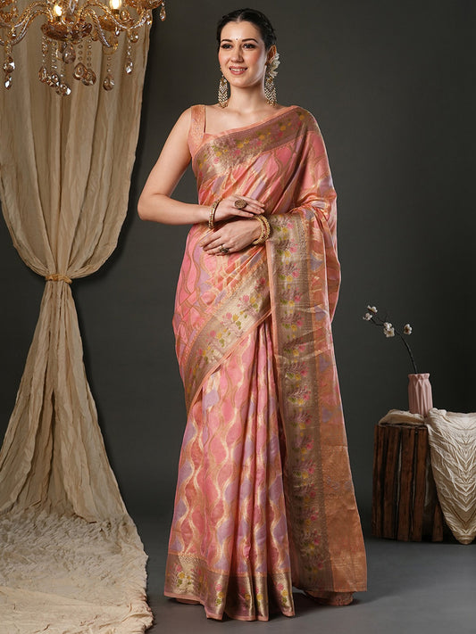 Pink Pink Banarasi Organza Woven Saree