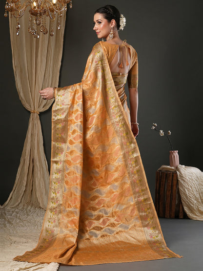 Orange Banarasi Organza Woven Saree
