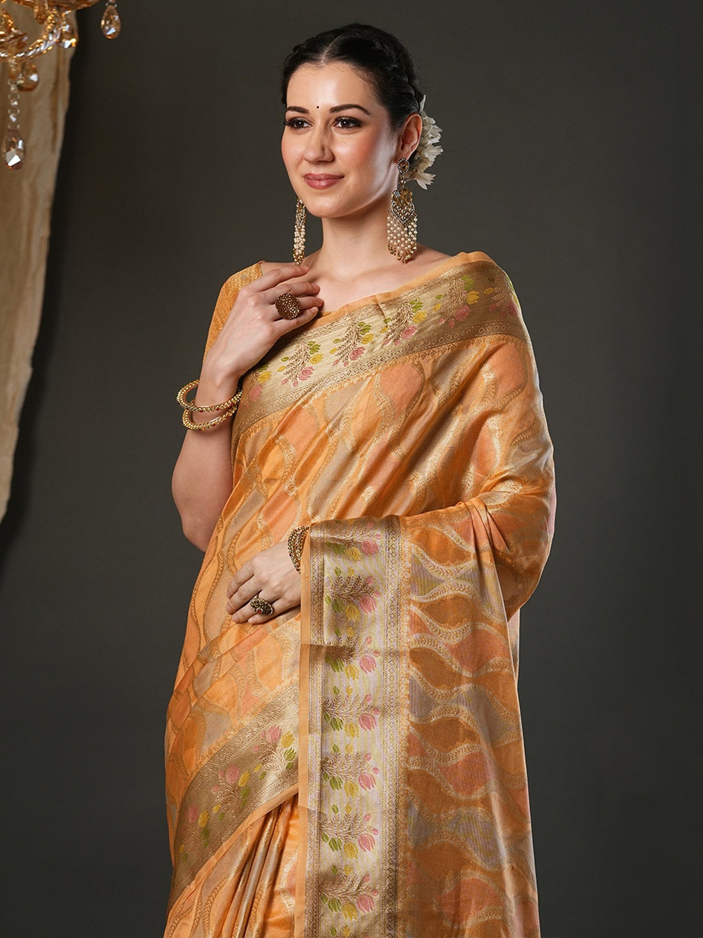 Orange Banarasi Organza Woven Saree