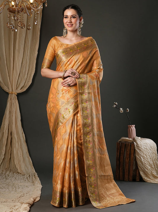 Orange Orange Banarasi Organza Woven Saree