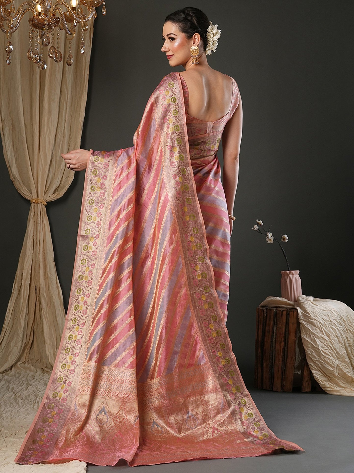 Pink Banarasi Organza Woven Saree