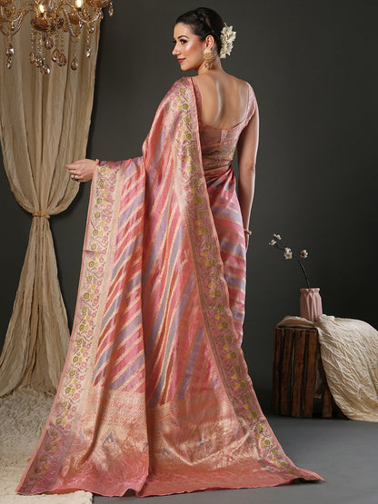 Pink Banarasi Organza Woven Saree