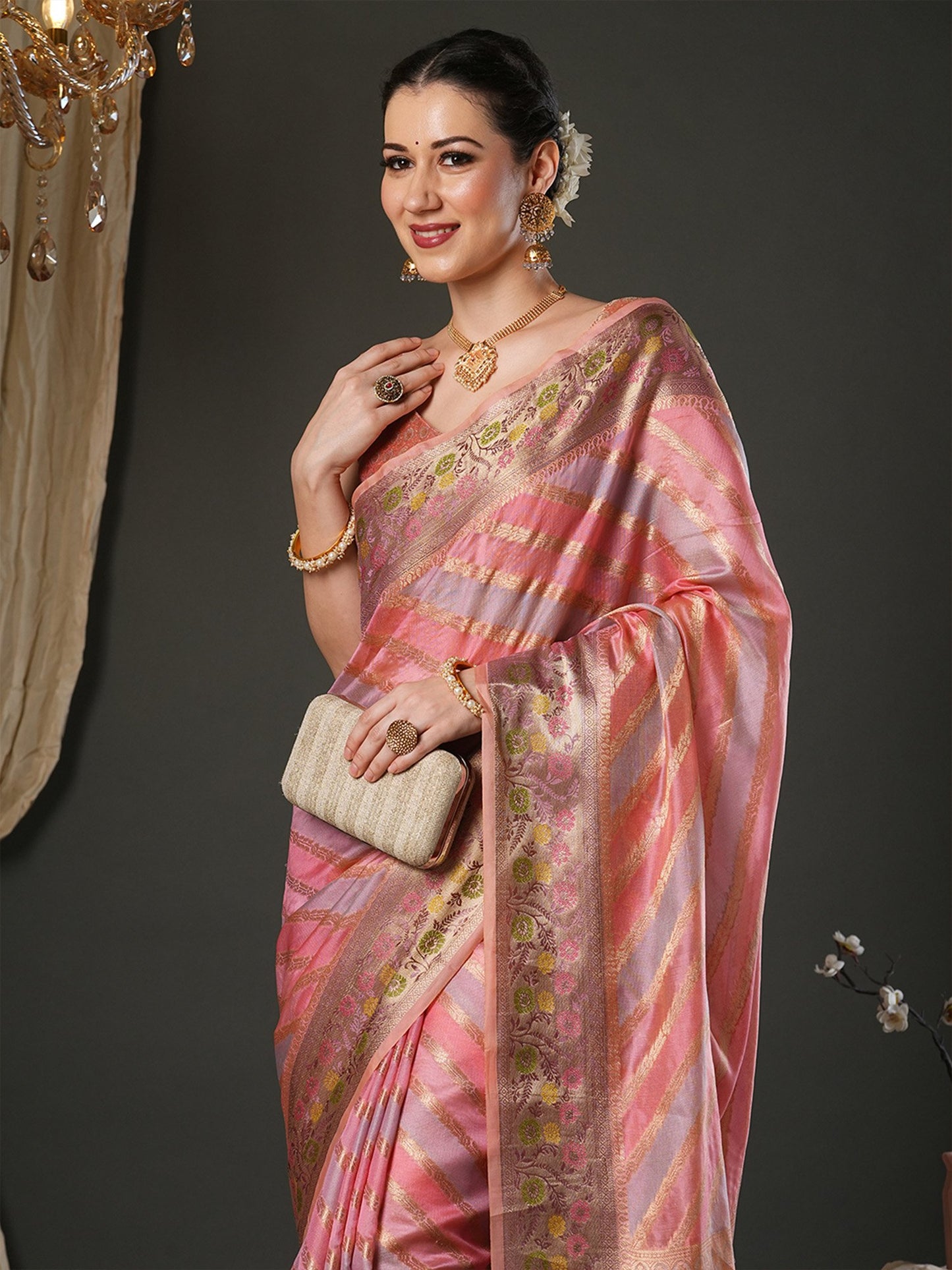 Pink Banarasi Organza Woven Saree