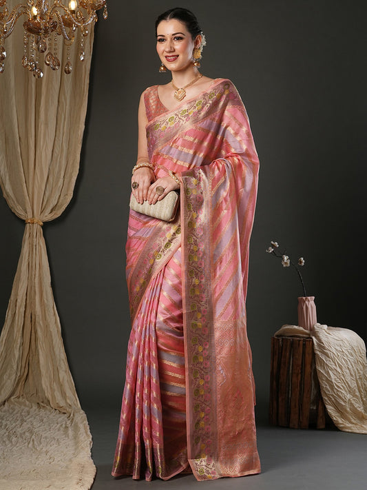 Pink Pink Banarasi Organza Woven Saree