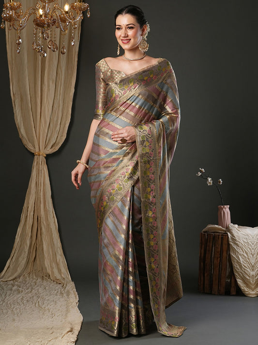 Grey Grey Banarasi Organza Woven Saree