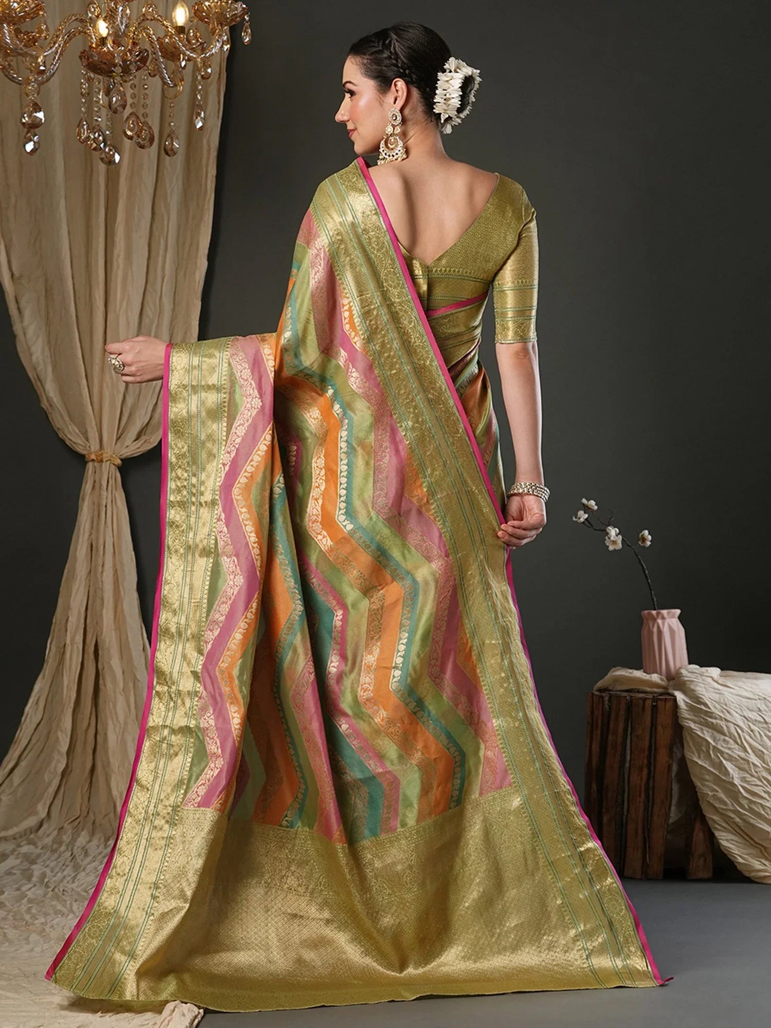 Olive Banarasi Organza Woven Saree