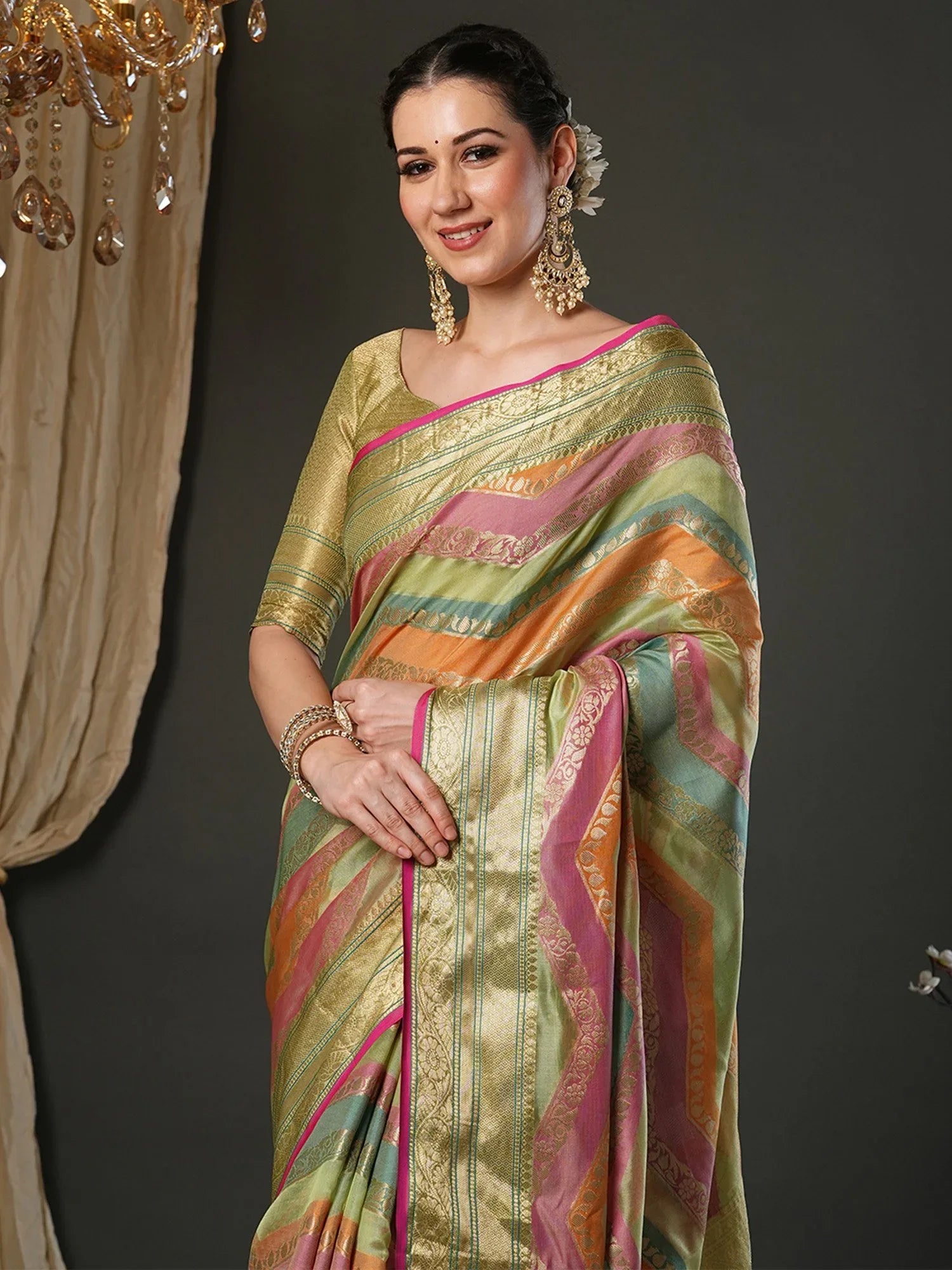 Olive Banarasi Organza Woven Saree