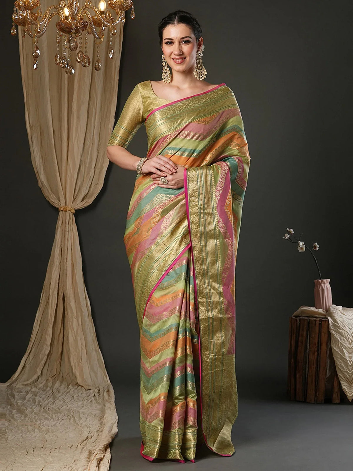 Green Olive Banarasi Organza Woven Saree