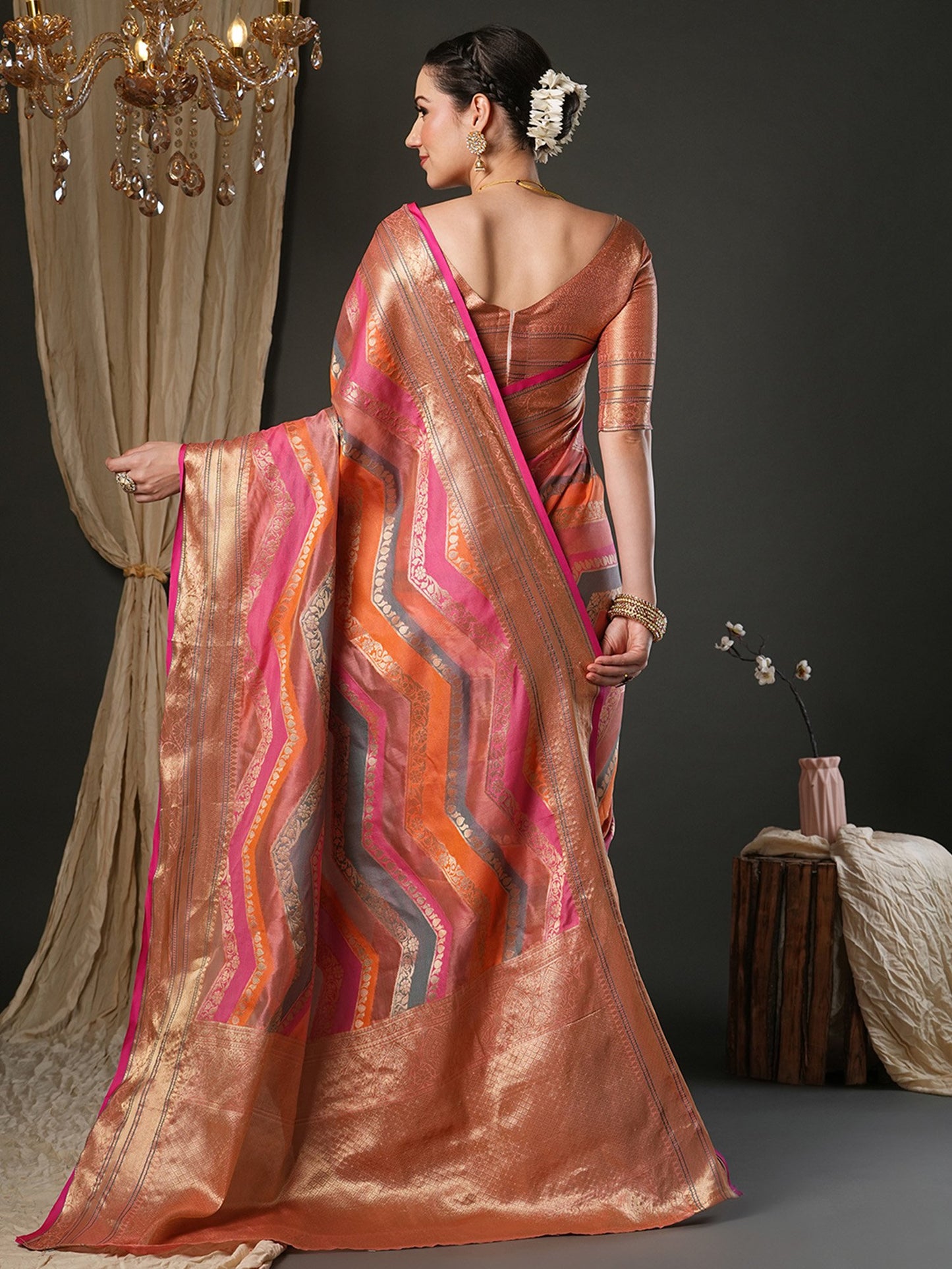 Pink Banarasi Organza Woven Saree