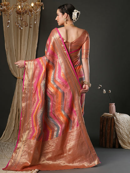 Pink Banarasi Organza Woven Saree