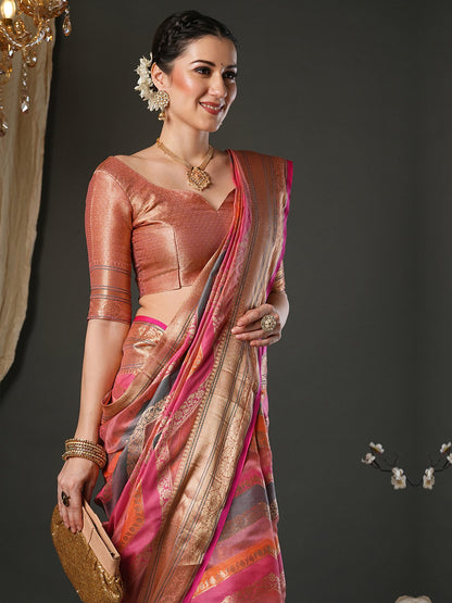 Pink Banarasi Organza Woven Saree