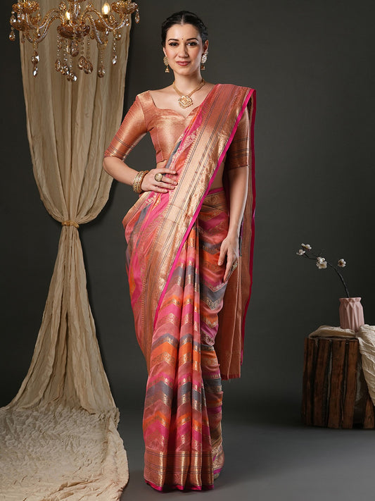 Pink Pink Banarasi Organza Woven Saree
