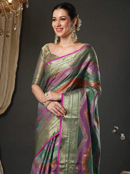 Grey Banarasi Organza Woven Saree