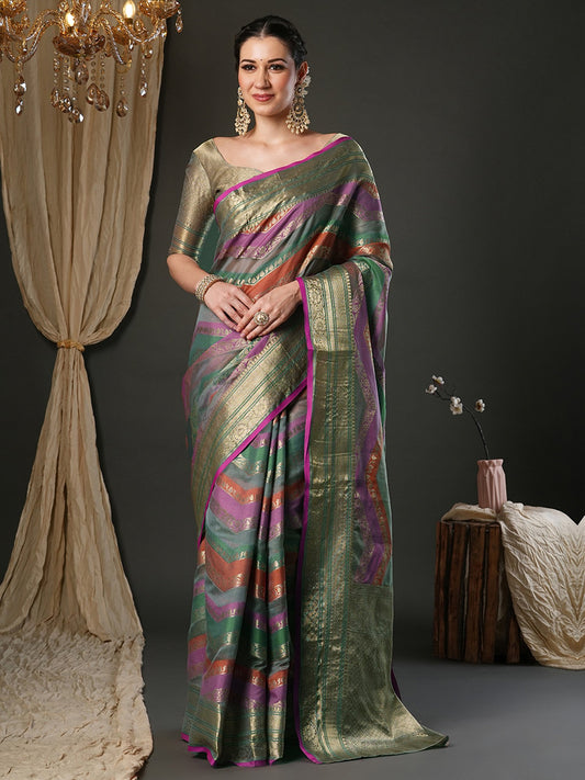 Grey Grey Banarasi Organza Woven Saree