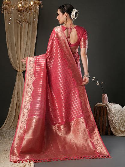 Pink Kanjeevaram Viscose Woven Saree