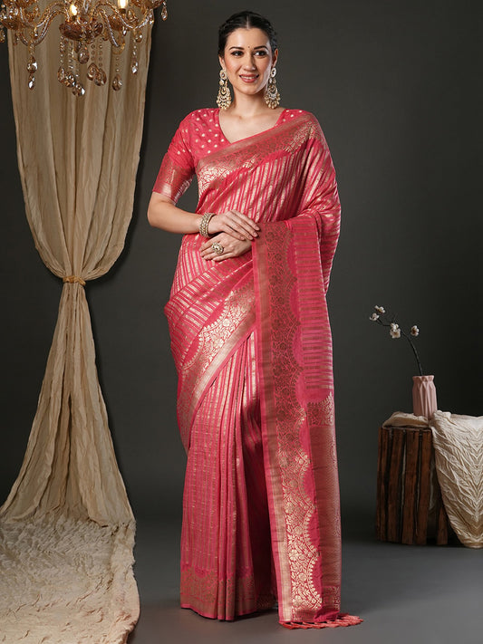 Pink Pink Kanjeevaram Viscose Woven Saree