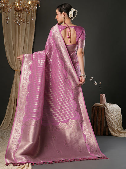 Pink Kanjeevaram Viscose Woven Saree