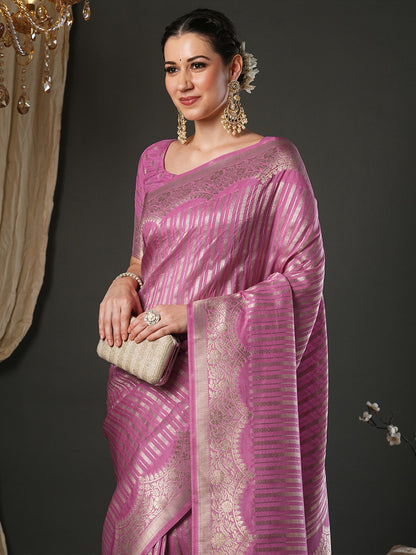 Pink Kanjeevaram Viscose Woven Saree