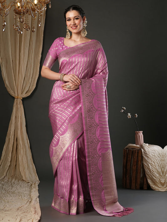 Pink Pink Kanjeevaram Viscose Woven Saree