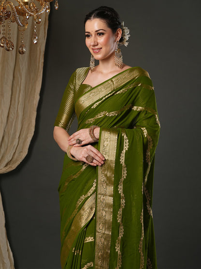 Olive Kanjeevaram Pure Georgette Woven Saree