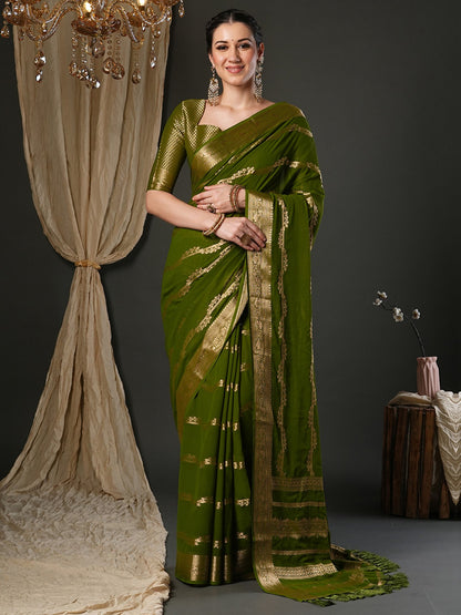 Green Olive Kanjeevaram Pure Georgette Woven Saree