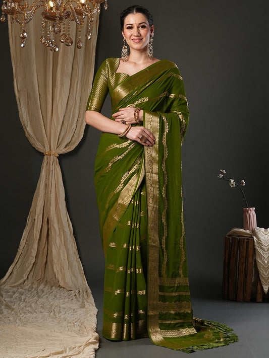 Green Olive Kanjeevaram Pure Georgette Woven Saree